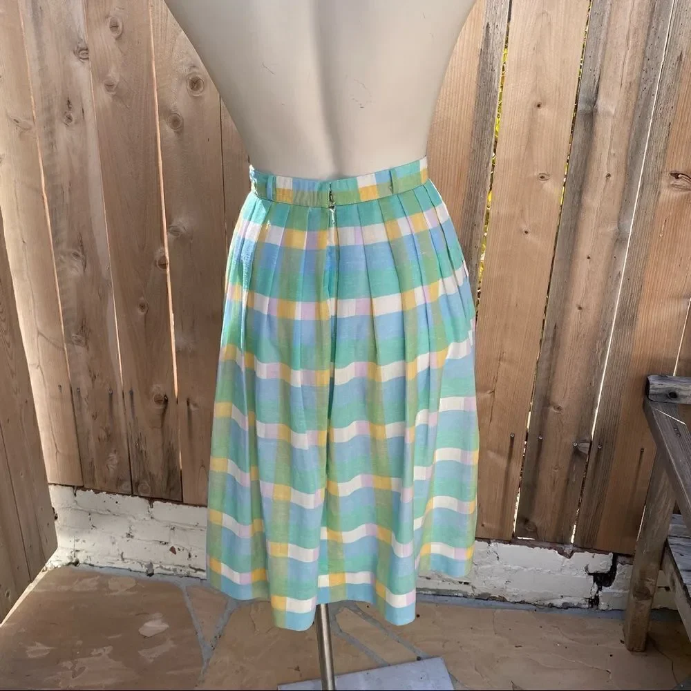 Vintage 70’s Pastel Blue green Yellow White Plaid Pleated Midi Skirt